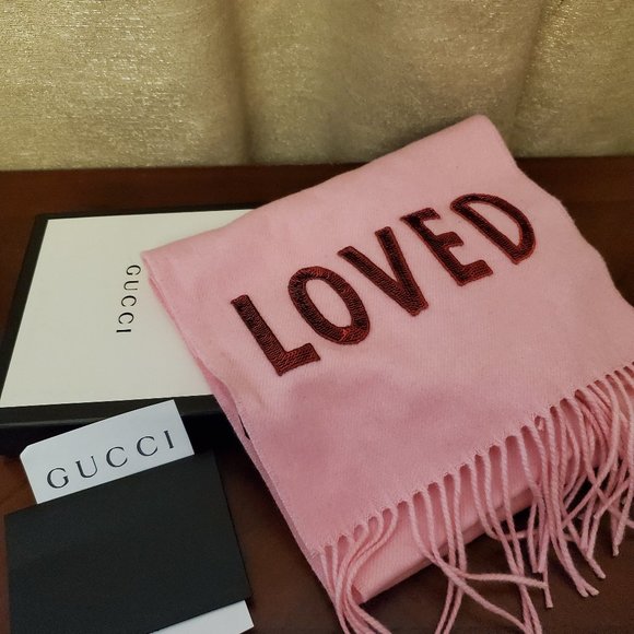 Gucci Silk Cashmere Sequins Loved Scarf Pink Valentine's Day